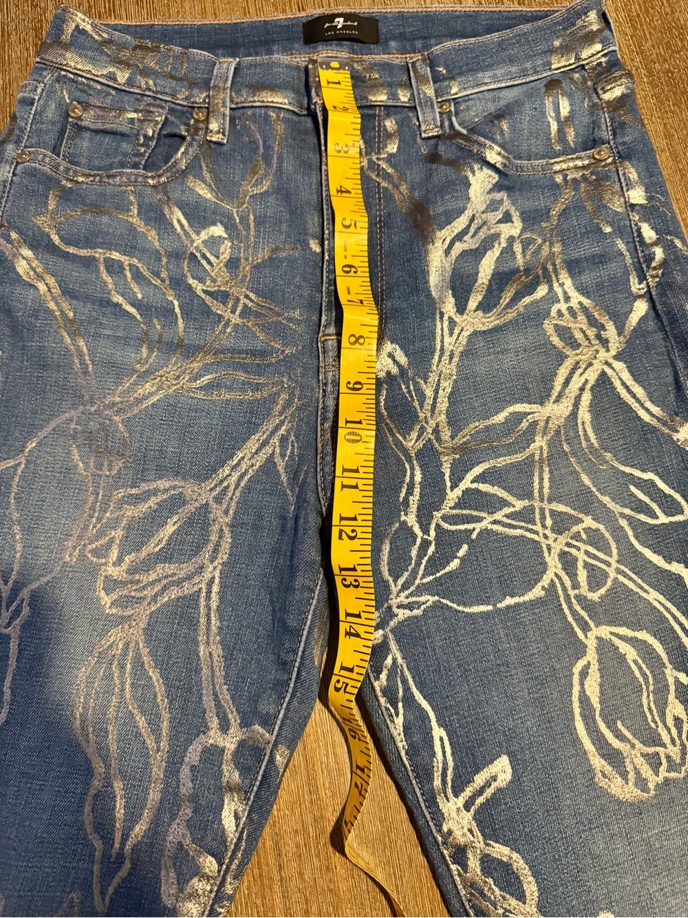 7 For All Mankind Blue Skinny Jeans with Metallic Floral Print - Picture 6 of 7